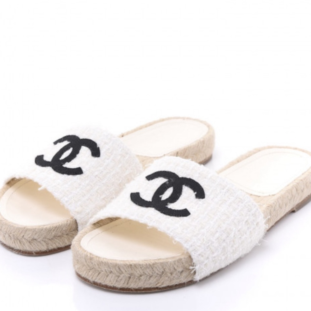 Chanel espadrille slides 39 tweed grosgrain mule